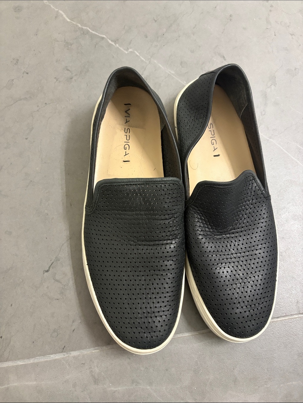 Via Spiga Black Perforated Slip-On Loafers with White Sole